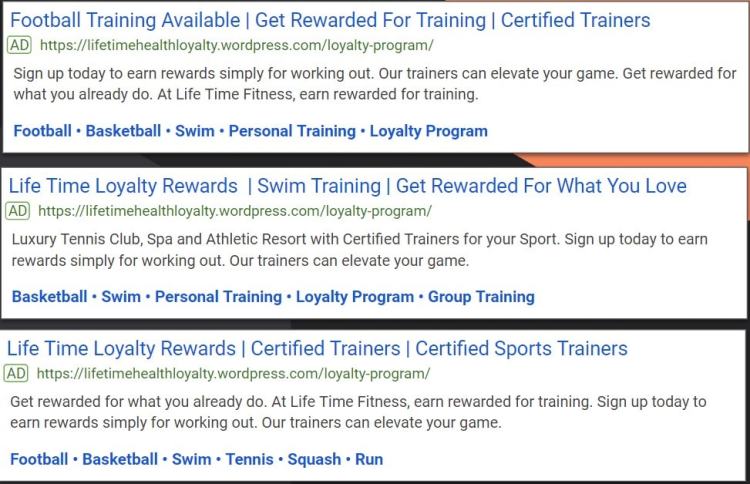 screenshot of three google ads copy for athlete segment ad group life time athletic