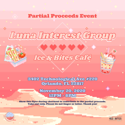 pixelated style coral background of moon craters with stickers of ice cream and boba tea luna interest group ice & bites cafe partial proceed events with address and time flyer