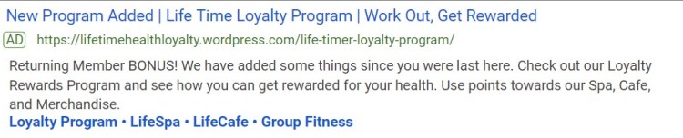 a screenshot of google ad copy for remarketing former members ad group lifetime athletic gym