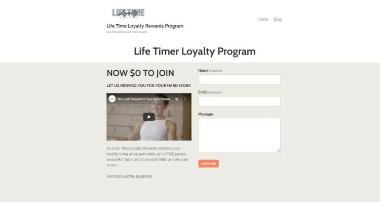 life timer loyalty program landing page now $0 to join with lifetime athletic video and contact form grey background black typography and orange call to action button "join now"
