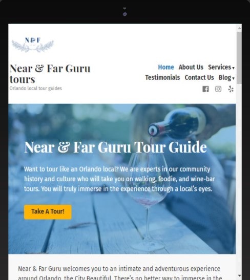 near and far guru tours home page and orlando local tour guide fictitious company with yellow call to action button "take a tour!" background of hand pouring wine blue tint